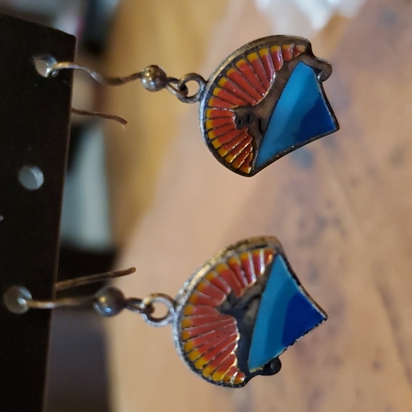 Enamel over Sterling Silver Earrings Egyptian Cats Lions - Picture 2 of 4